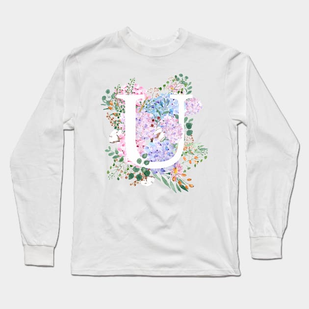 botanical monogram alphabet U hydrangea flowers Long Sleeve T-Shirt by colorandcolor